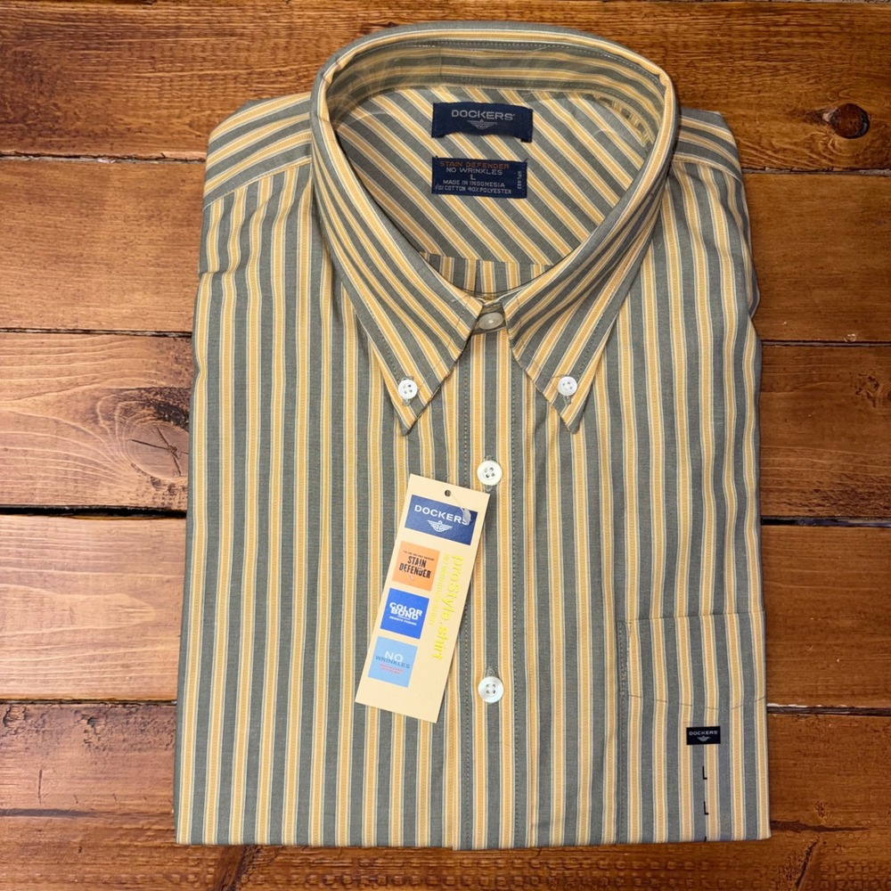 Vintage Dockers Button Down Shirt Mens Large Gray Yellow Stripe Long Sleeve NEW